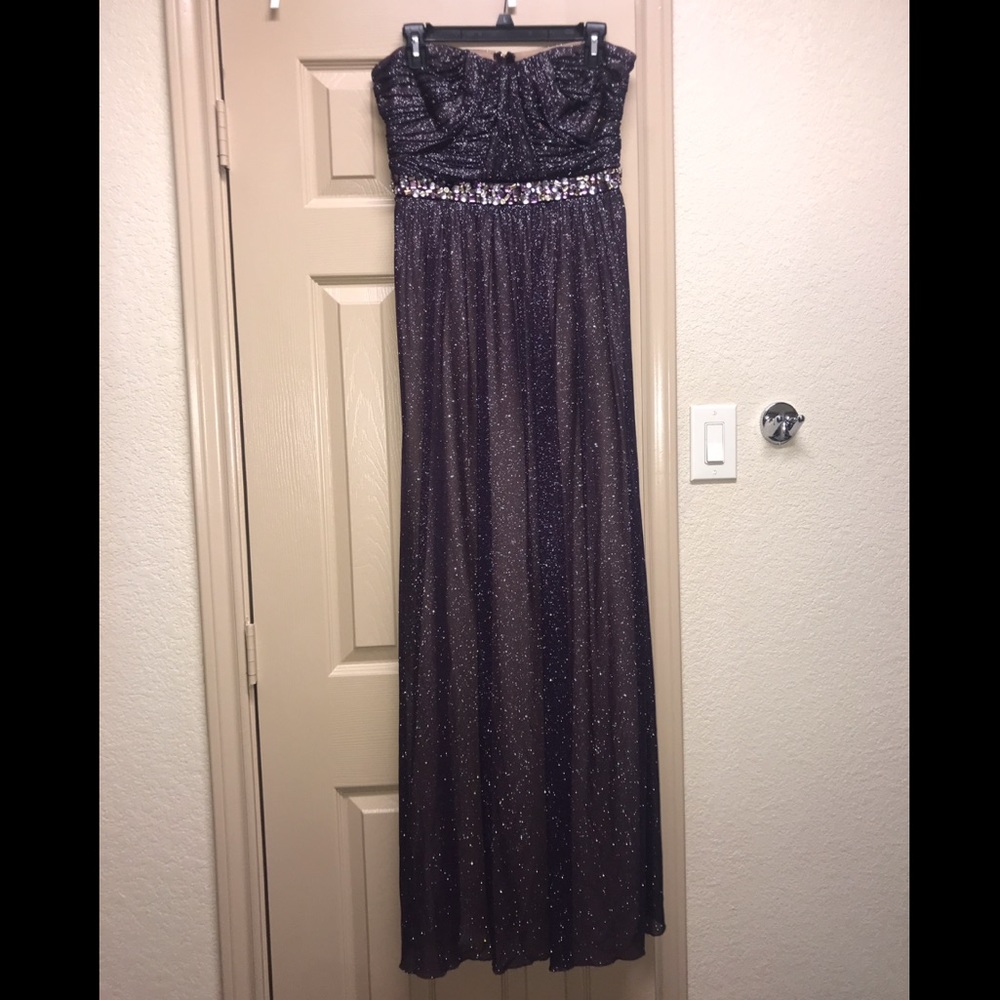 Plum purple long strapless glitter dress